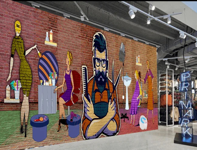 3D Red Barbershop Hair Salon Barber Perm Brick Wall Mural Wallpaper SF075- Jess Art Decoration
