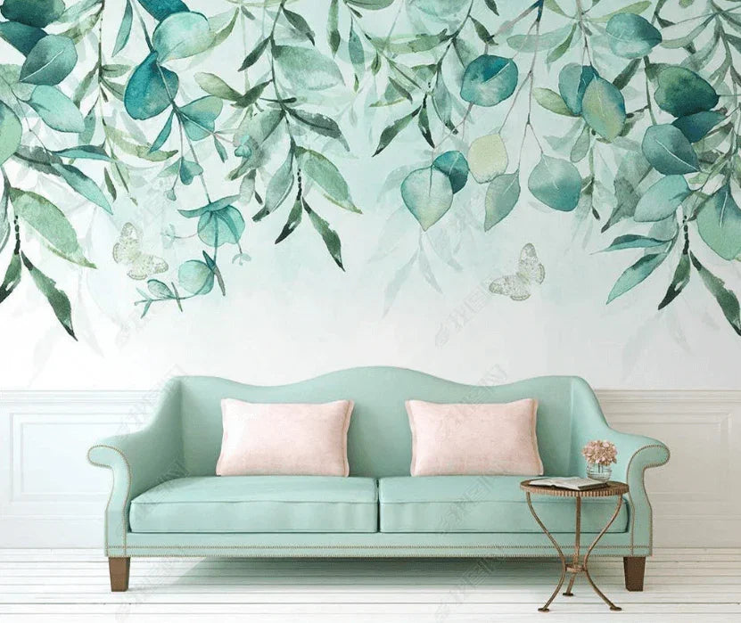 3D Watercolour Hand Drawn Green Leaves Plant Background Wall Mural Wallpaper LXL- Jess Art Decoration