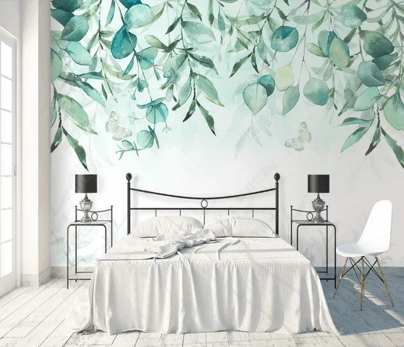 3D Watercolour Hand Drawn Green Leaves Plant Background Wall Mural Wallpaper LXL- Jess Art Decoration