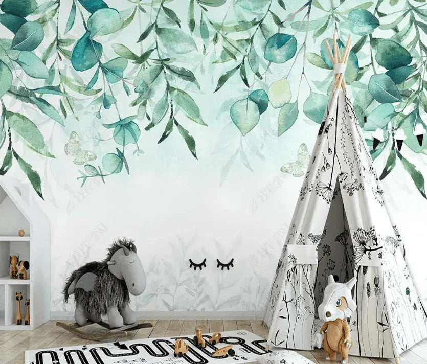 3D Watercolour Hand Drawn Green Leaves Plant Background Wall Mural Wallpaper LXL- Jess Art Decoration
