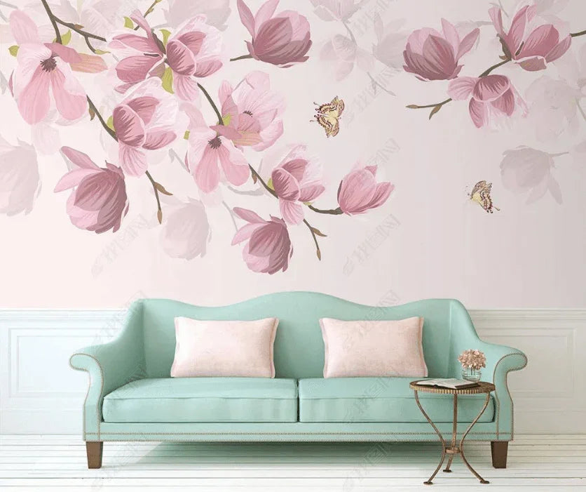 3D Hand Drawn Pink Floral Plant Butterfly Background Wall Mural Wallpaper LXL- Jess Art Decoration