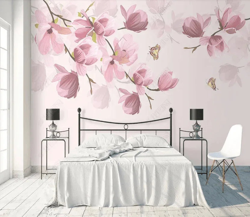 3D Hand Drawn Pink Floral Plant Butterfly Background Wall Mural Wallpaper LXL- Jess Art Decoration