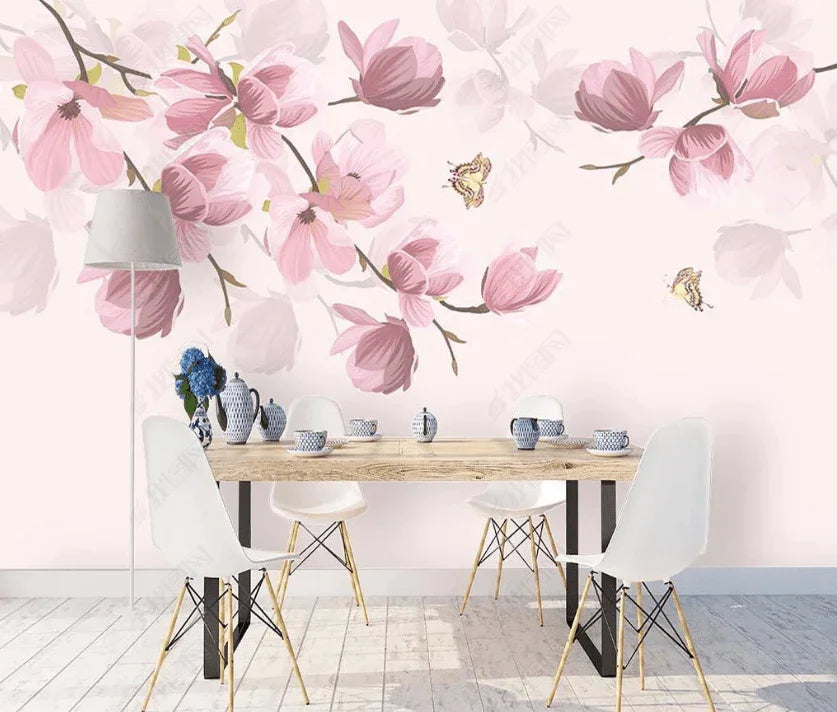 3D Hand Drawn Pink Floral Plant Butterfly Background Wall Mural Wallpaper LXL- Jess Art Decoration