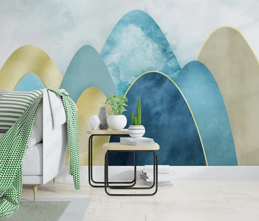 3D Hand Drawn Watercolour Blue Arched Geometric Background Wall Mural Wallpaper LXL- Jess Art Decoration