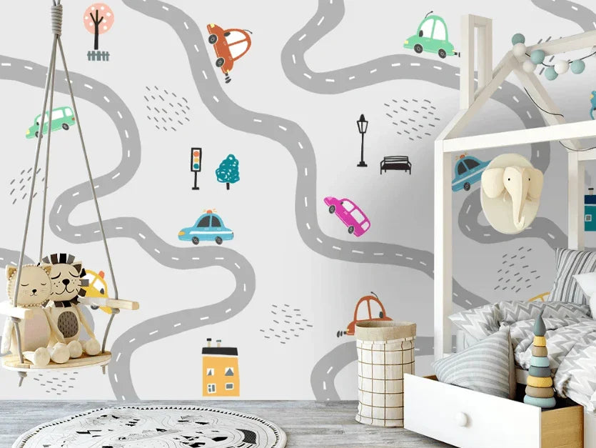 3D Cartoon Highway Colorful Car Vehicle Background Wall Mural Wallpaper LXL- Jess Art Decoration