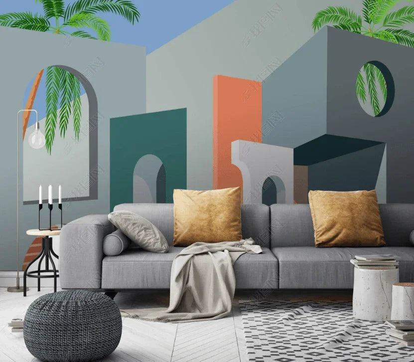 3D Hand Drawn Modern Design Building Palm Tree Background Wall Mural Wallpaper LXL- Jess Art Decoration