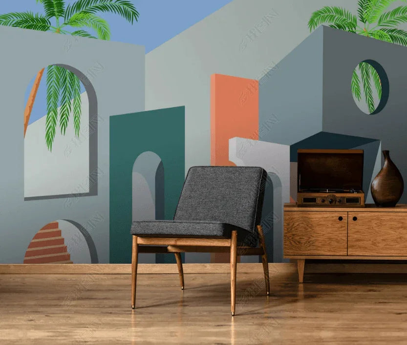 3D Hand Drawn Modern Design Building Palm Tree Background Wall Mural Wallpaper LXL- Jess Art Decoration