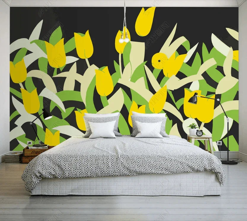 3D Yellow Tulip Illustration modern hand drawn floral wall mural wallpaper for bedroom