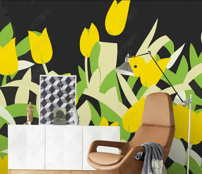 3D Yellow Tulip Illustration modern hand drawn floral wall mural wallpaper for bedroom - view 2
