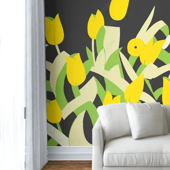 3D Yellow Tulip Illustration modern hand drawn floral wall mural wallpaper for bedroom - view 3