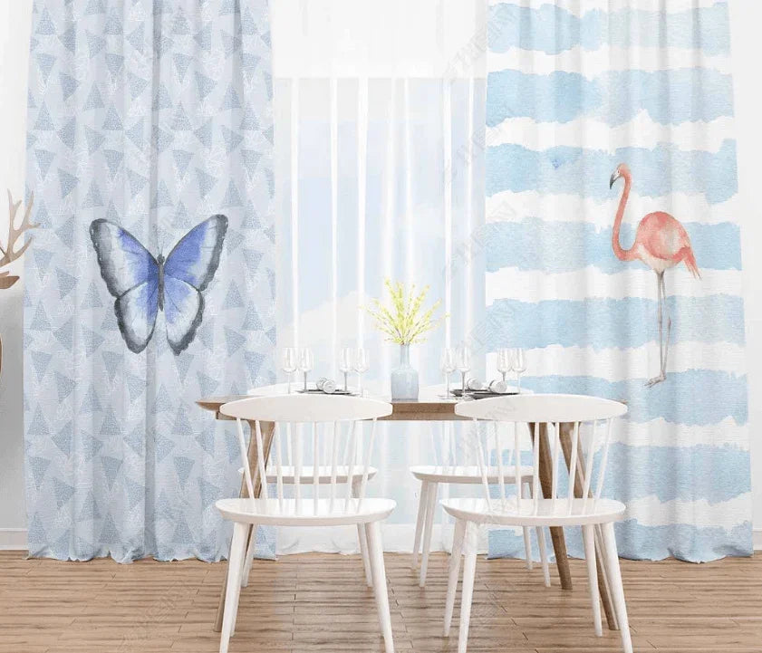 3D Watercolor Blue Butterfly Flamingo Curtains and Drapes LQH 57- Jess Art Decoration