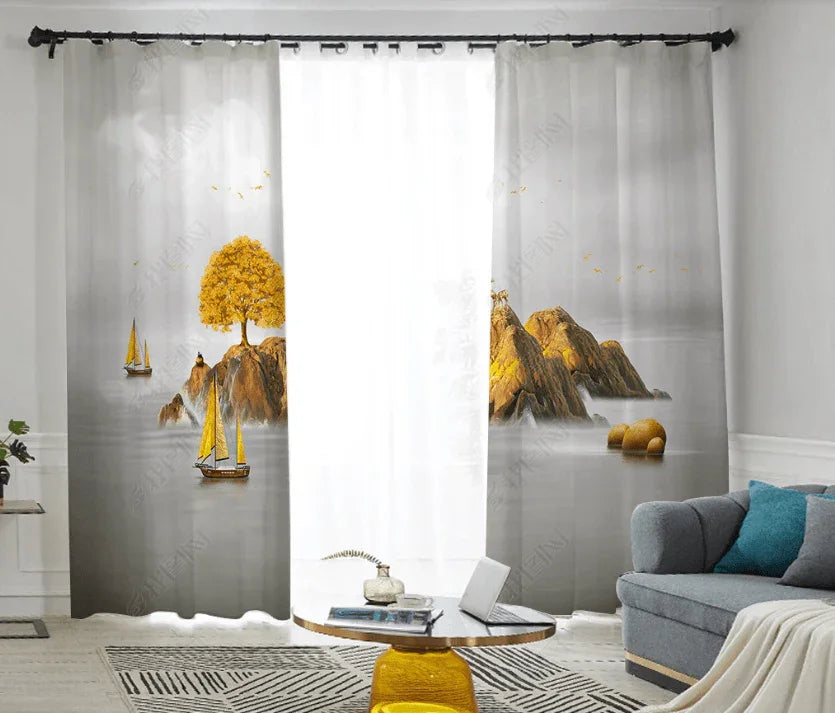 3D Lake Golden Mountain Tree Curtains and Drapes LQH 210- Jess Art Decoration