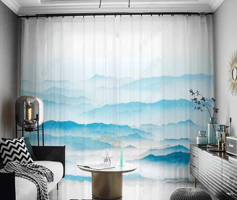 3D Watercolor Blue Mountains Curtains and Drapes LQH 276- Jess Art Decoration
