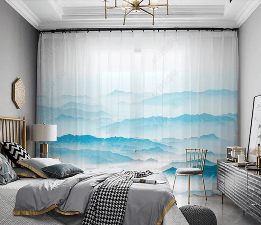 3D Watercolor Blue Mountains Curtains and Drapes LQH 276- Jess Art Decoration