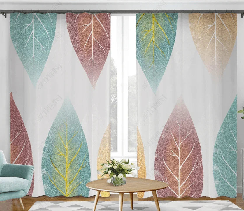 3D Hand Drawn Green Pink Leaf Curtains and Drapes LQH 280- Jess Art Decoration