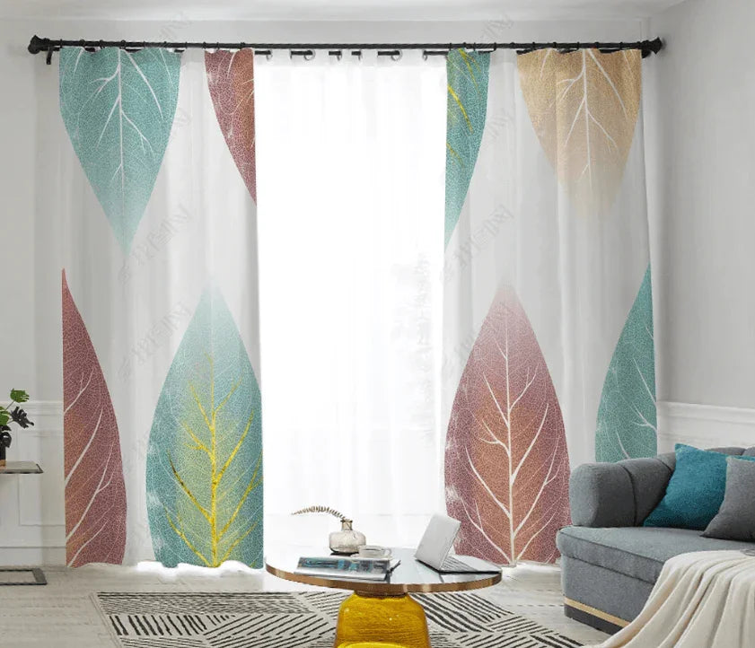 3D Hand Drawn Green Pink Leaf Curtains and Drapes LQH 280- Jess Art Decoration