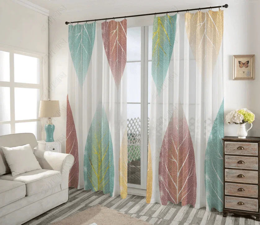 3D Hand Drawn Green Pink Leaf Curtains and Drapes LQH 280- Jess Art Decoration