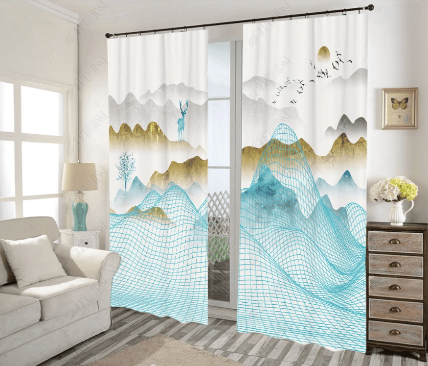 3D Abstract Blue Mountain Curtains and Drapes LQH 430- Jess Art Decoration