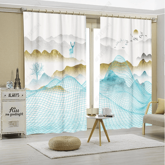 3D Abstract Blue Mountain Curtains and Drapes LQH 430- Jess Art Decoration