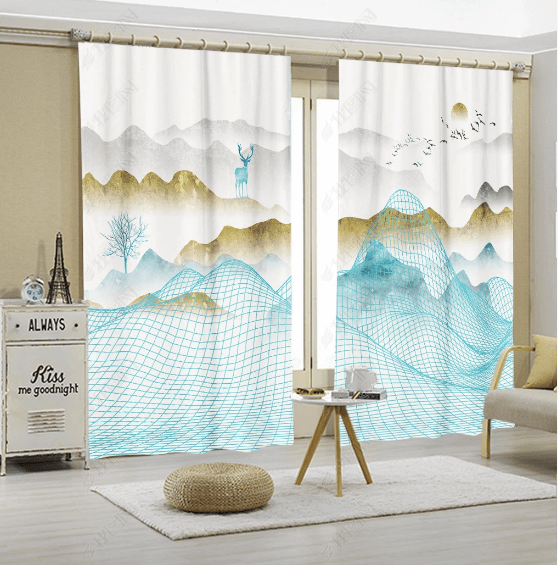 3D Abstract Blue Mountain Curtains and Drapes LQH 430- Jess Art Decoration