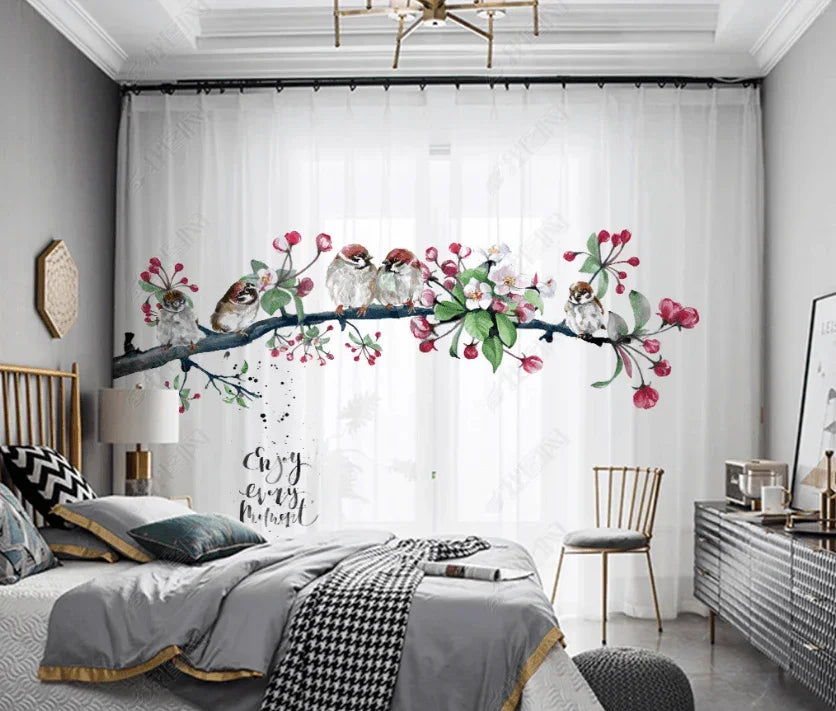 3D Watercolor Peach Blossom Branch Bird Curtains and Drapes LQH 34- Jess Art Decoration
