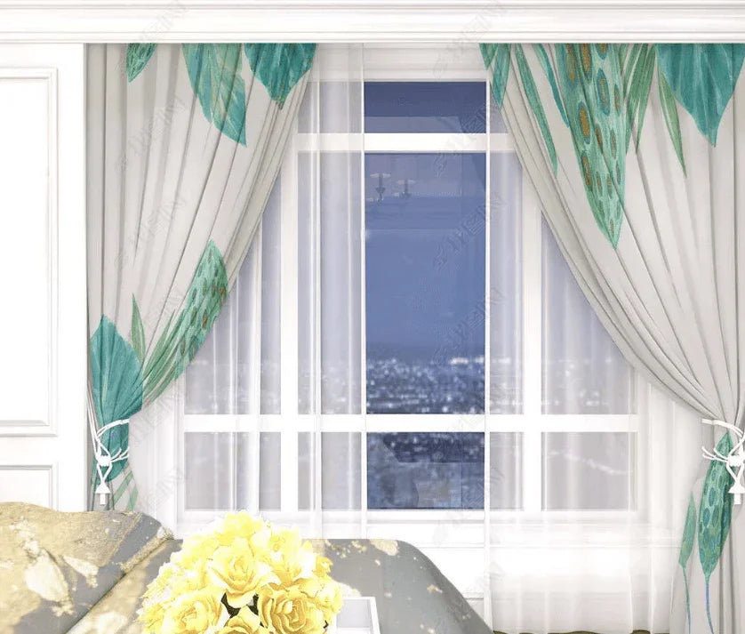 3D Hand Drawn Green Leaves Curtains and Drapes LQH 105- Jess Art Decoration