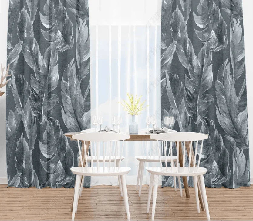 3D Tropical Grey Leaf Pattern Curtains and Drapes LQH 125- Jess Art Decoration