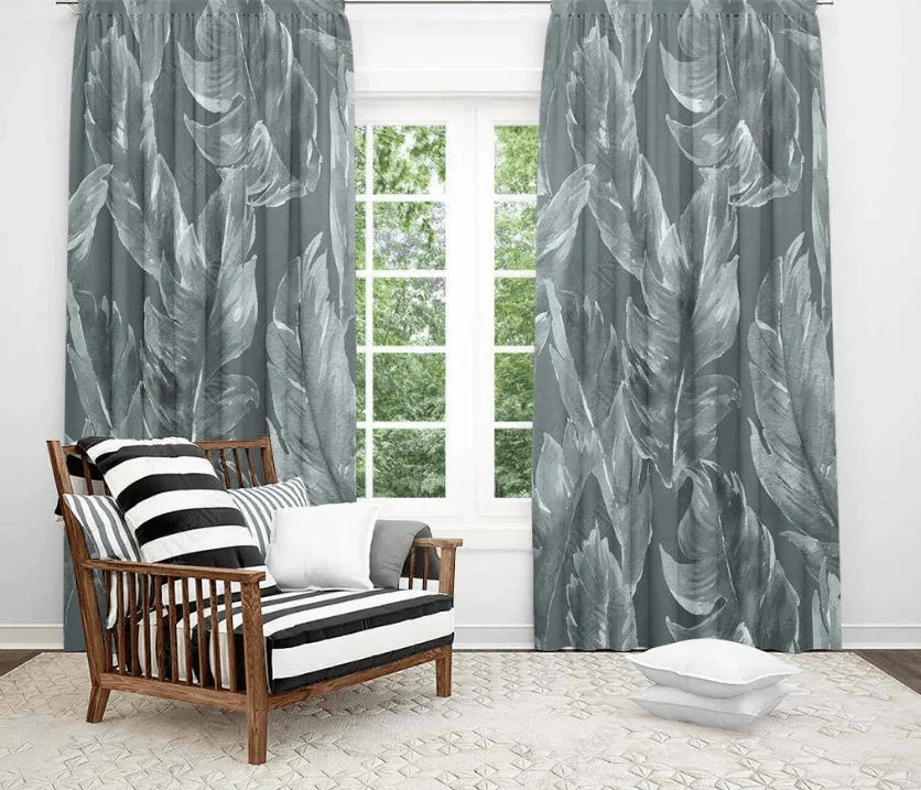 3D Tropical Grey Leaf Pattern Curtains and Drapes LQH 125- Jess Art Decoration