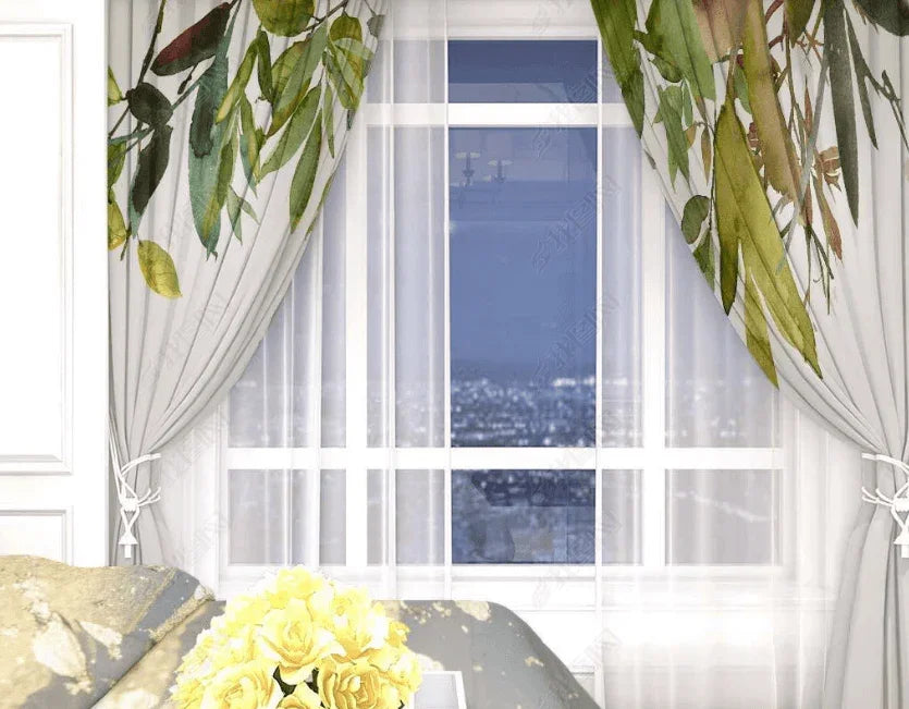 3D Hand Drawn Green Leaves Curtains and Drapes LQH 182- Jess Art Decoration