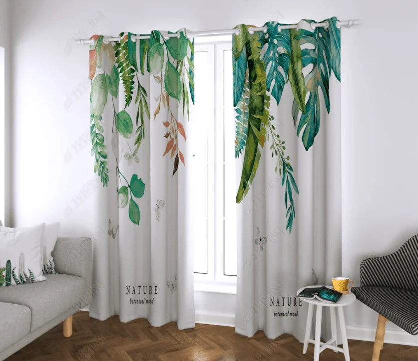 3D Hand Drawn Tropical Green Leaf Curtains and Drapes LQH 290- Jess Art Decoration