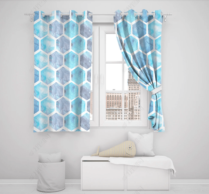 3D Abstract Blue Geometric Hexagon Curtains and Drapes LQH 97- Jess Art Decoration