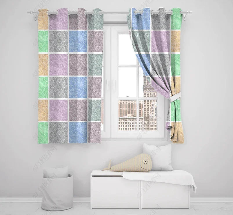 3D Hand Drawn Color Square Pattern Curtains and Drapes LQH 106- Jess Art Decoration