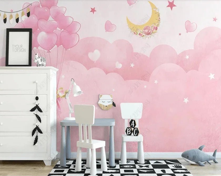 3D Cartoon Pink Cloud Moon Balloon Wall Mural Wallpaper LQH 62- Jess Art Decoration