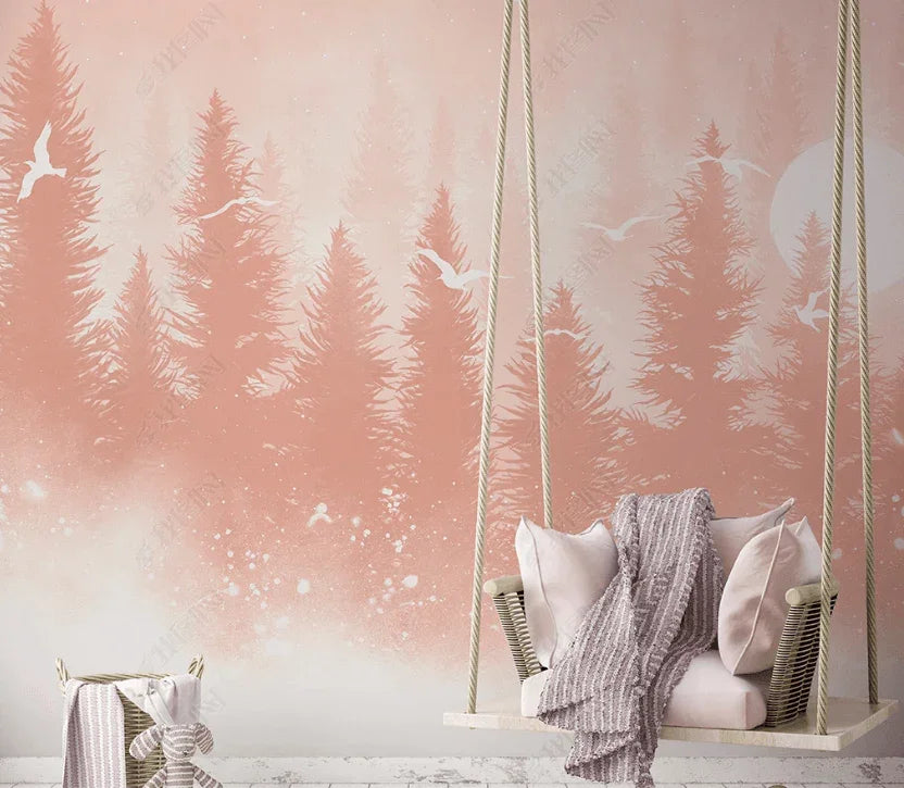 3D Hand Drawn Pink Forest Bird Wall Mural Wallpaper LQH 225- Jess Art Decoration