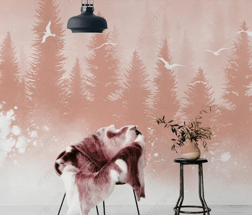 3D Hand Drawn Pink Forest Bird Wall Mural Wallpaper LQH 225- Jess Art Decoration