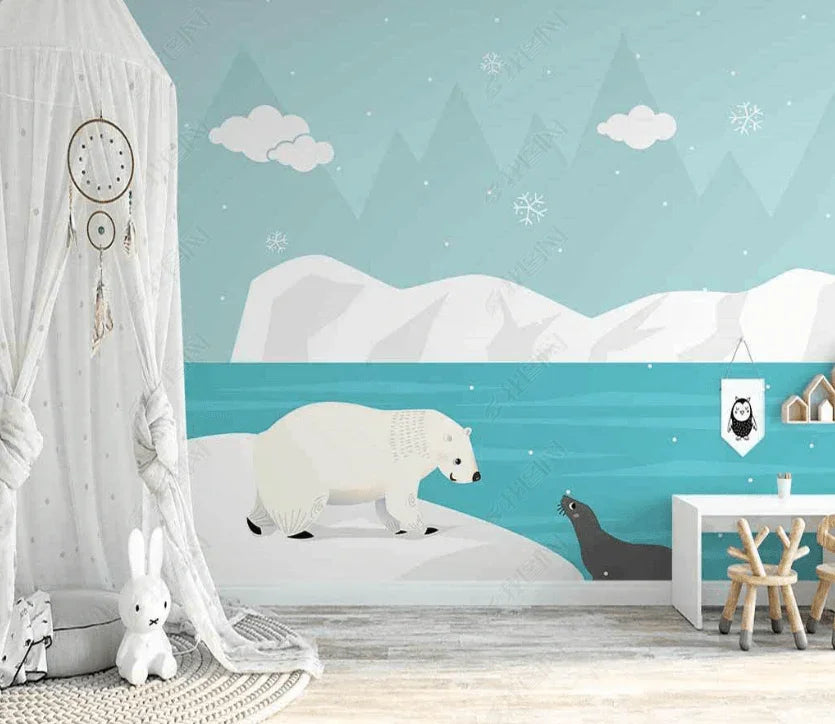 3D Cartoon Mountain Polar Bear Animal Wall Mural Wallpaper LQH 48- Jess Art Decoration