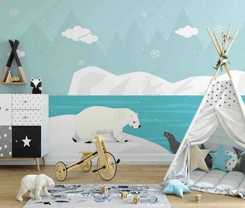 3D Cartoon Mountain Polar Bear Animal Wall Mural Wallpaper LQH 48- Jess Art Decoration