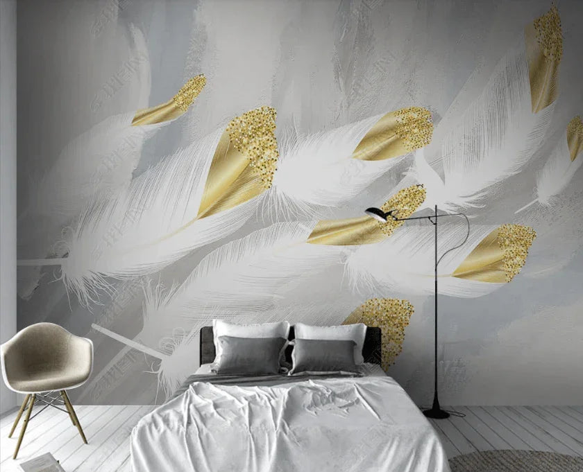 3D Hand Drawn White Golden Feather Wall Mural Wallpaper LQH 59- Jess Art Decoration