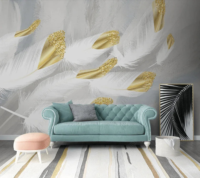 3D Hand Drawn White Golden Feather Wall Mural Wallpaper LQH 59- Jess Art Decoration