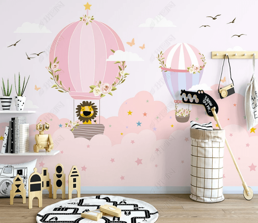 3D Cartoon Pink Cloud Hot Air Balloon Wall Mural Wallpaper LQH 12- Jess Art Decoration