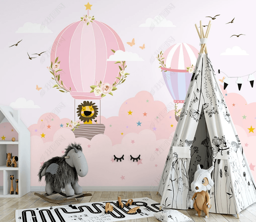 3D Cartoon Pink Cloud Hot Air Balloon Wall Mural Wallpaper LQH 12- Jess Art Decoration
