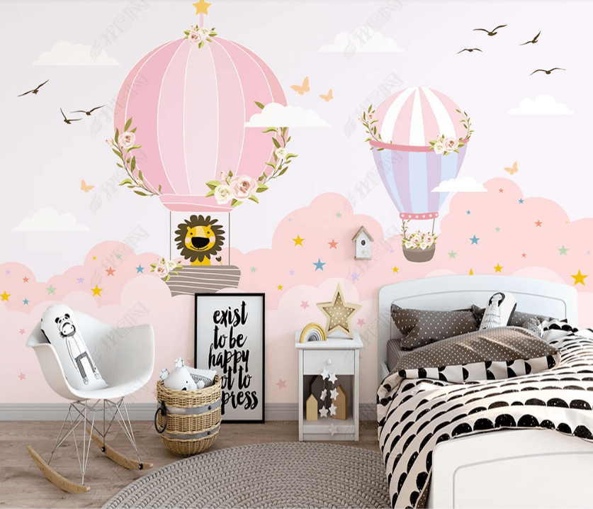 3D Cartoon Pink Cloud Hot Air Balloon Wall Mural Wallpaper LQH 12- Jess Art Decoration