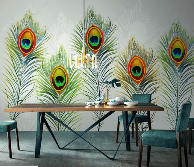 3D Hand Drawn Green Peacock Feather Wall Mural Wallpaper LQH 99- Jess Art Decoration