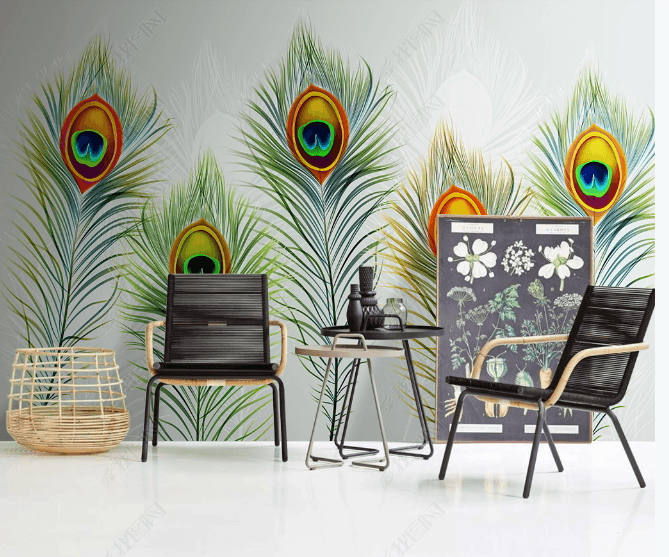 3D Hand Drawn Green Peacock Feather Wall Mural Wallpaper LQH 99- Jess Art Decoration