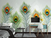 3D Hand Drawn Green Peacock Feather Wall Mural Wallpaper LQH 99- Jess Art Decoration