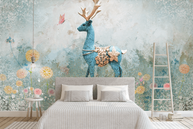 3D Hand Drawn Elk Floral Wall Mural Wallpaper LQH 37- Jess Art Decoration