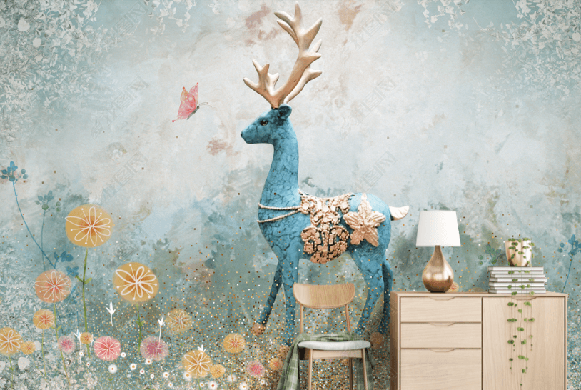 3D Hand Drawn Elk Floral Wall Mural Wallpaper LQH 37- Jess Art Decoration