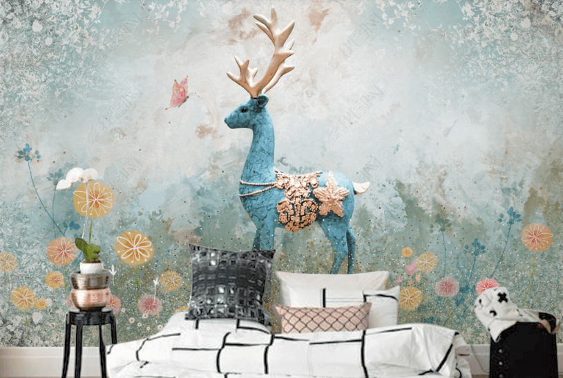 3D Hand Drawn Elk Floral Wall Mural Wallpaper LQH 37- Jess Art Decoration