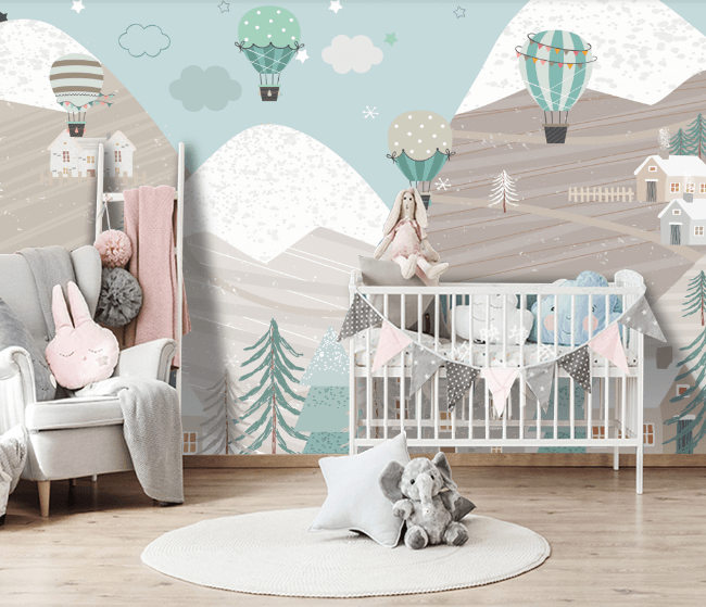 3D Cartoon Mountain Hot Air Balloon Wall Mural Wallpaper LQH 288- Jess Art Decoration