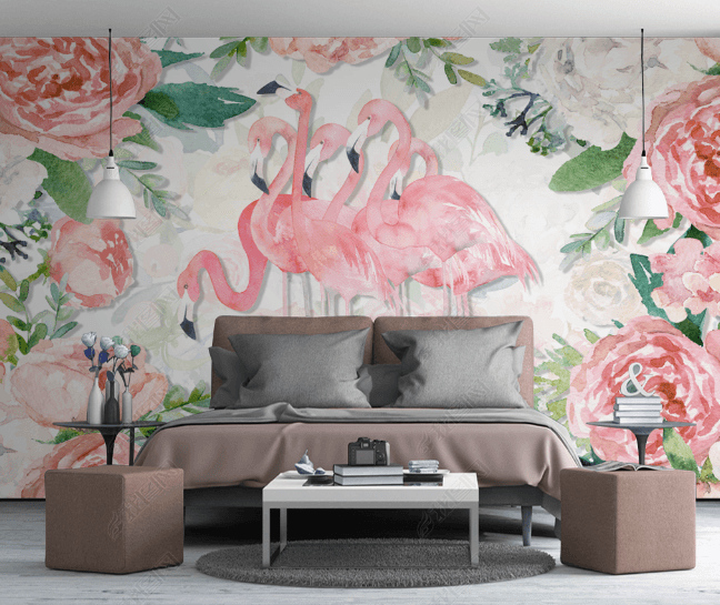 3D Watercolor Pink Floral Flamingo Wall Mural Wallpaper LQH 39- Jess Art Decoration